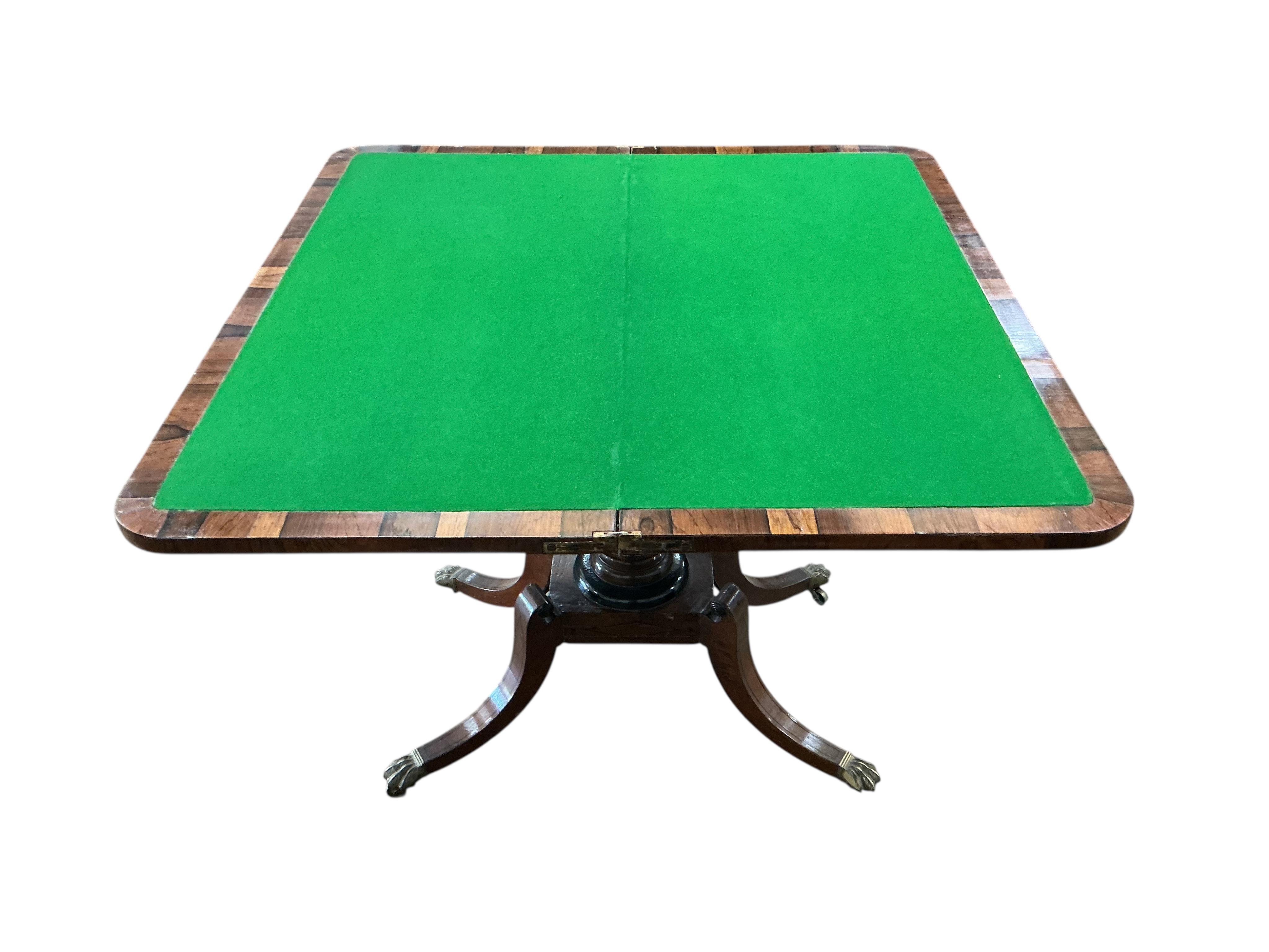 A Regency rosewood banded rectangular mahogany folding card table, width 91cm, depth 45cm, height 73cm